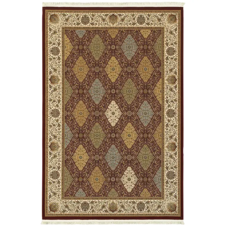 4' X 5' Red Tan And Ivory Oriental Area Rug With Fringe