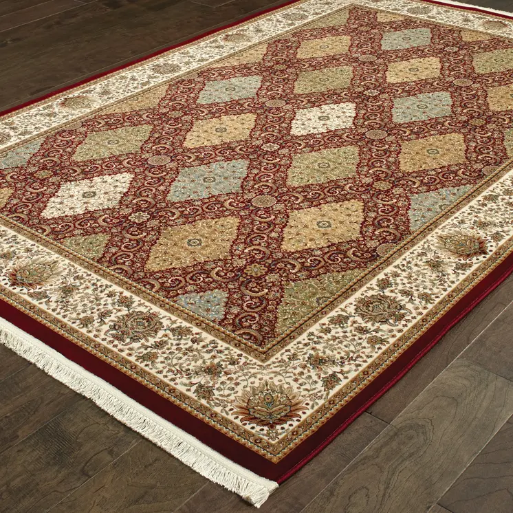 4' X 5' Red Tan And Ivory Oriental Area Rug With Fringe