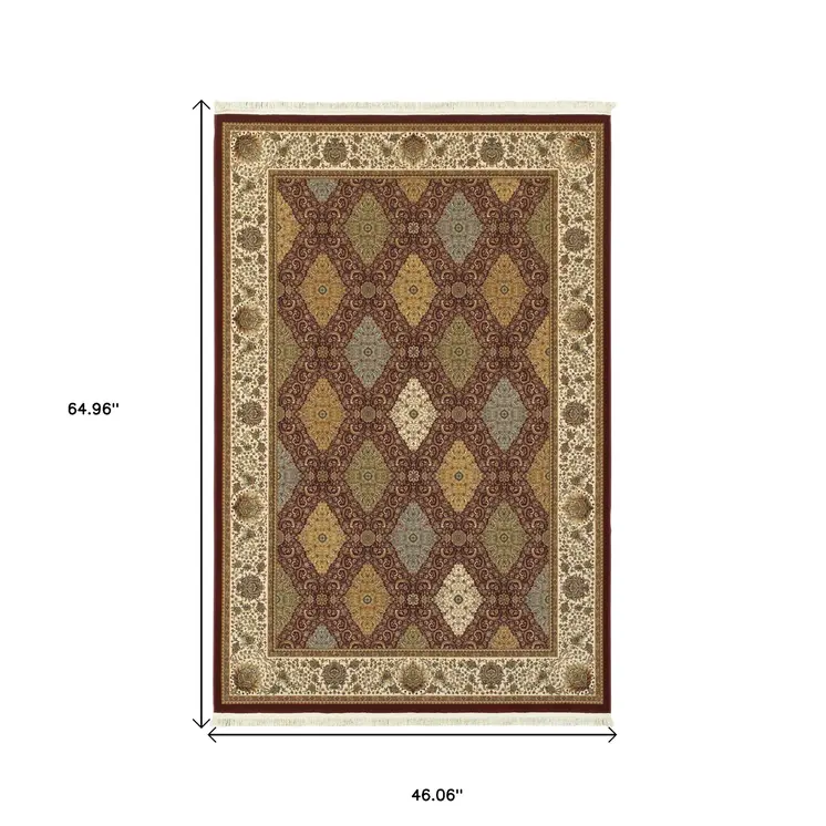 4' X 5' Red Tan And Ivory Oriental Area Rug With Fringe