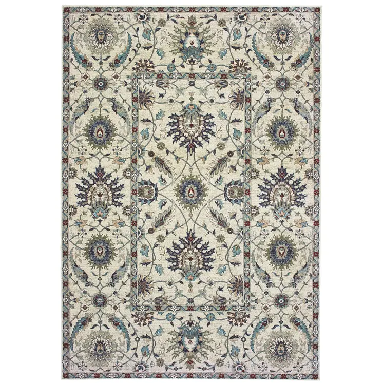 4' X 5' Ivory Navy Blue And Brown Oriental Area Rug