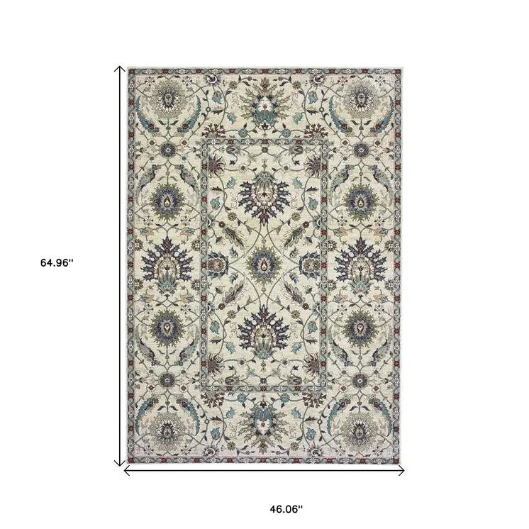 4' X 5' Ivory Navy Blue And Brown Oriental Area Rug