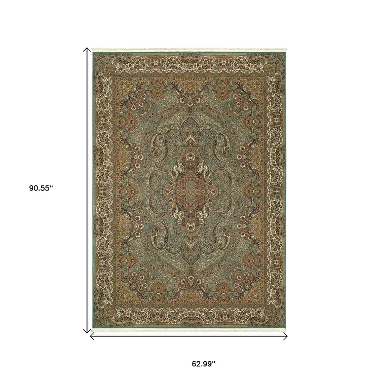 5' X 8' Blue And Gold Medallion Area Rug With Fringe