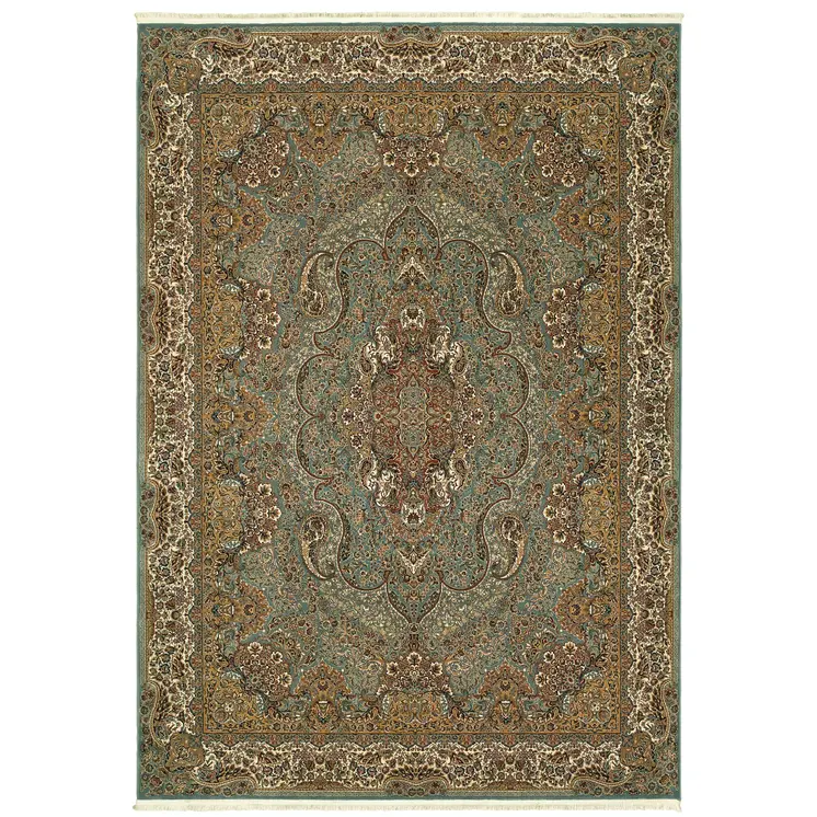 10' X 13' Blue And Gold Medallion Area Rug With Fringe