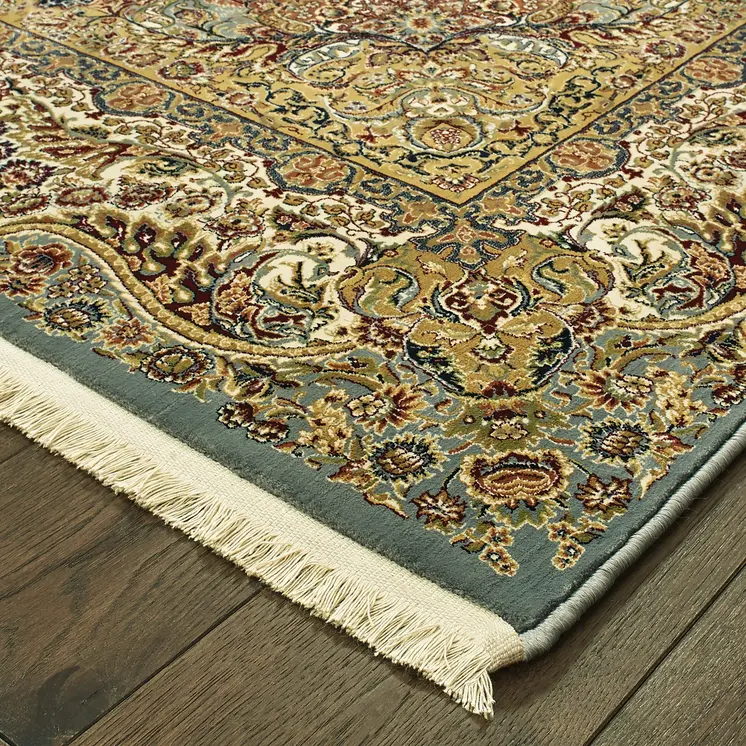 8' X 11' Blue And Gold Medallion Area Rug With Fringe