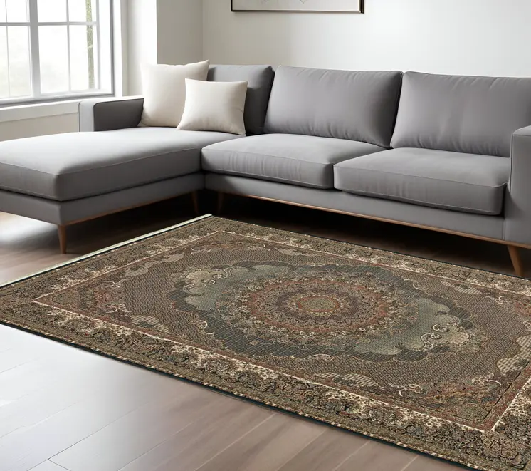 7' X 10' Blue And Red Medallion Area Rug With Fringe