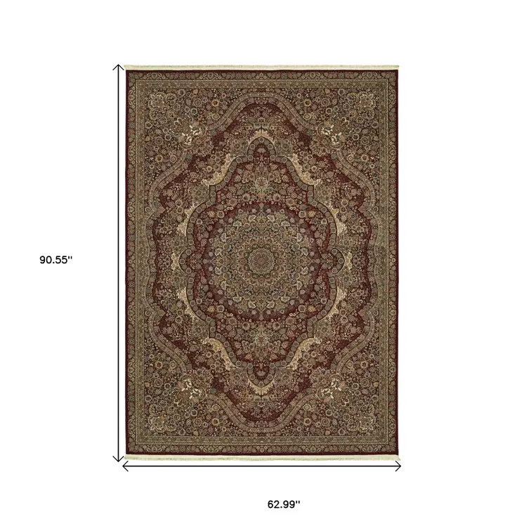 5' X 8' Red And Gold Medallion Area Rug With Fringe