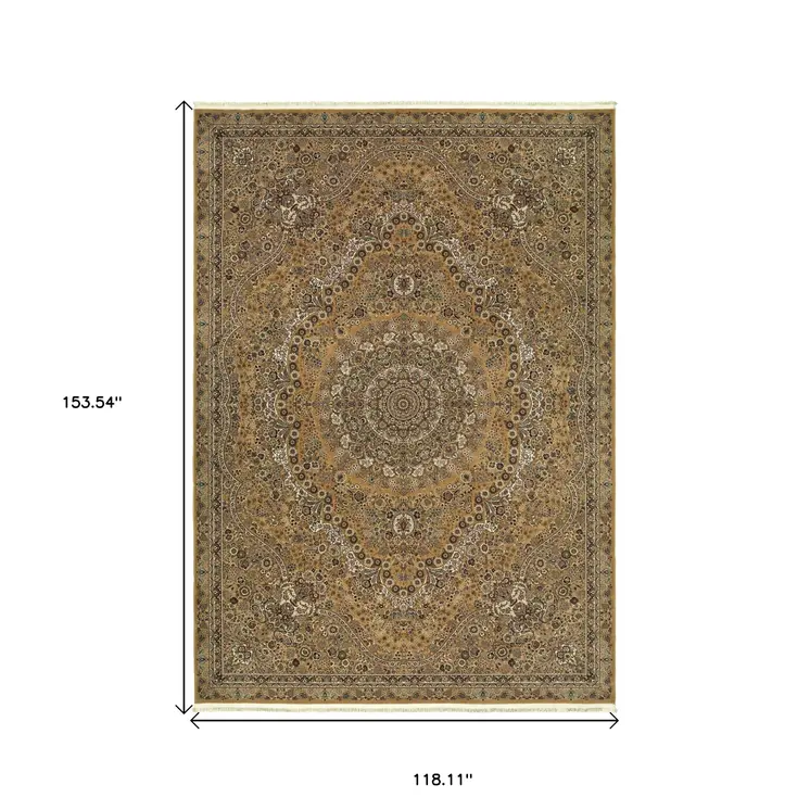10' X 13' Gold And Ivory Medallion Area Rug With Fringe
