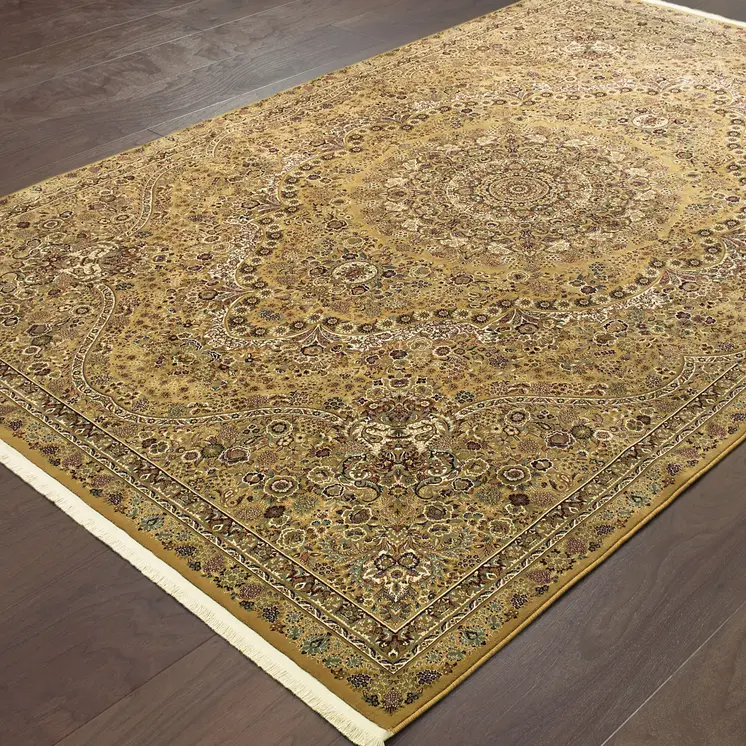 5' X 8' Gold And Ivory Medallion Area Rug With Fringe