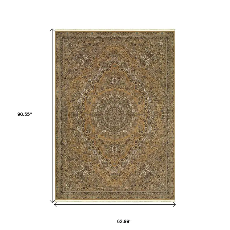 5' X 8' Gold And Ivory Medallion Area Rug With Fringe