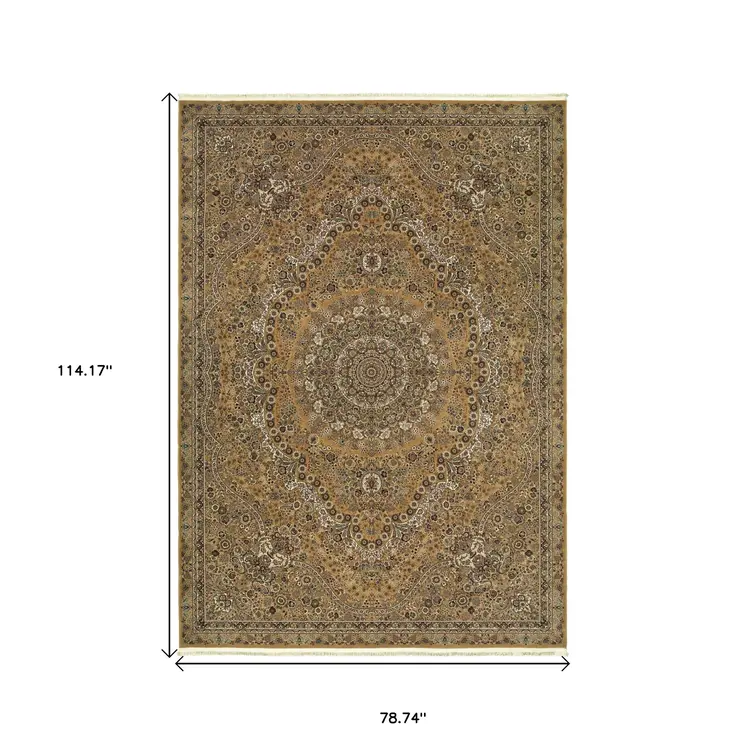 7' X 10' Gold And Ivory Medallion Area Rug With Fringe