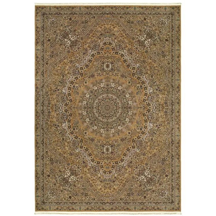 8' X 11' Gold And Ivory Medallion Area Rug With Fringe