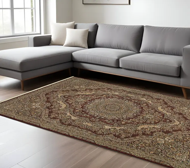 8' X 11' Red And Gold Medallion Area Rug With Fringe