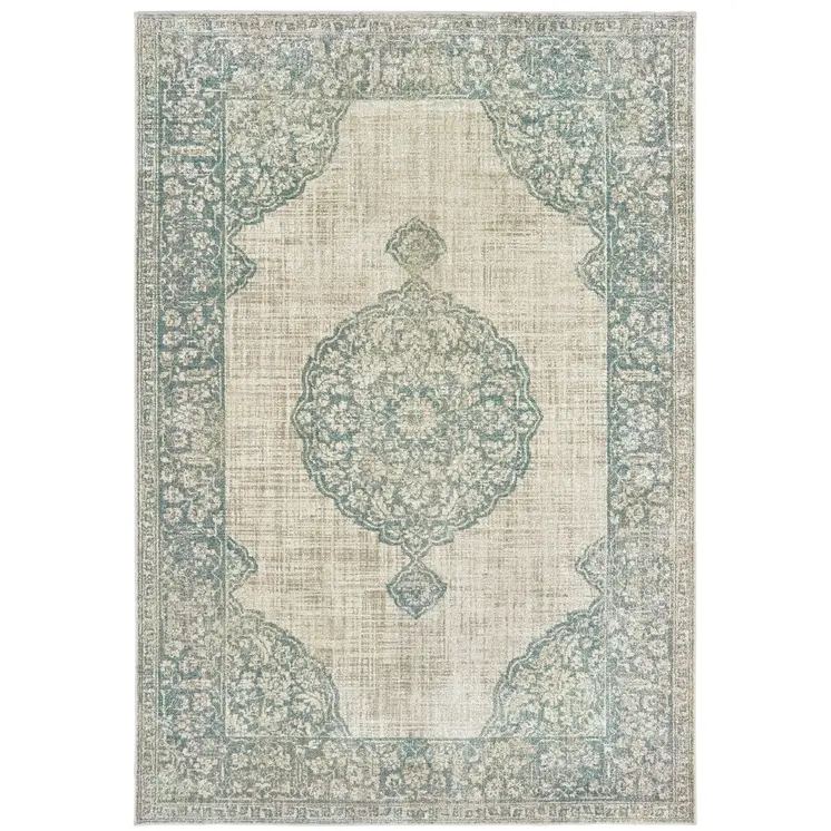 10' X 13' Ivory And Blue Oriental Distressed Area Rug