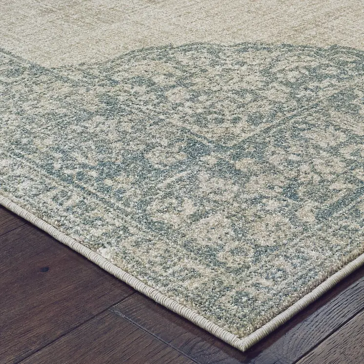 10' X 13' Ivory And Blue Oriental Distressed Area Rug
