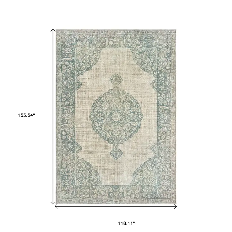 10' X 13' Ivory And Blue Oriental Distressed Area Rug
