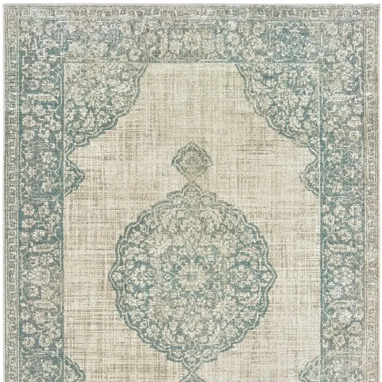 10' X 13' Ivory And Blue Oriental Distressed Area Rug