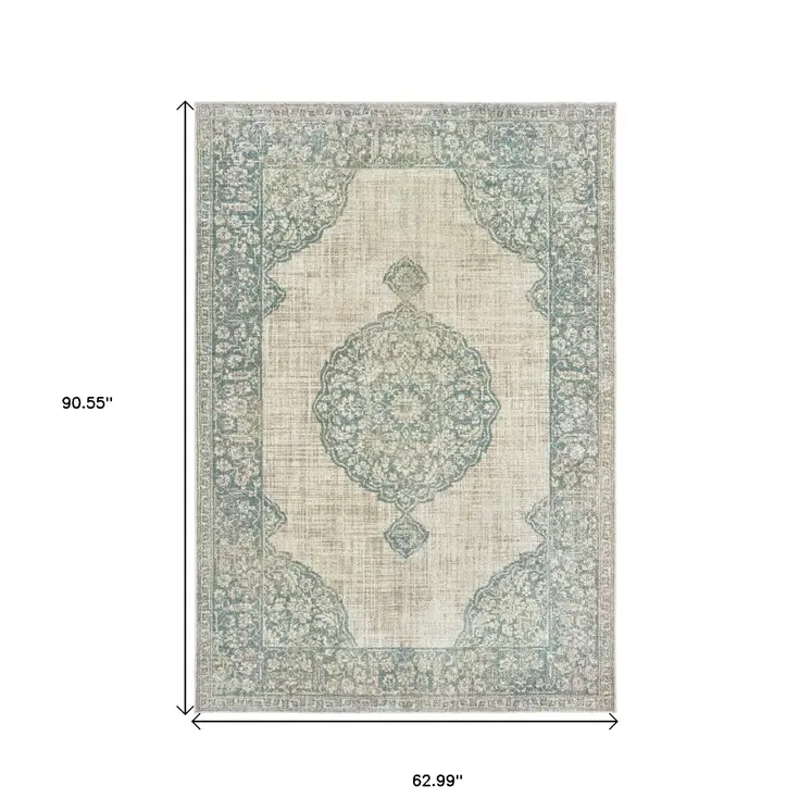 5' X 8' Ivory And Blue Oriental Distressed Area Rug