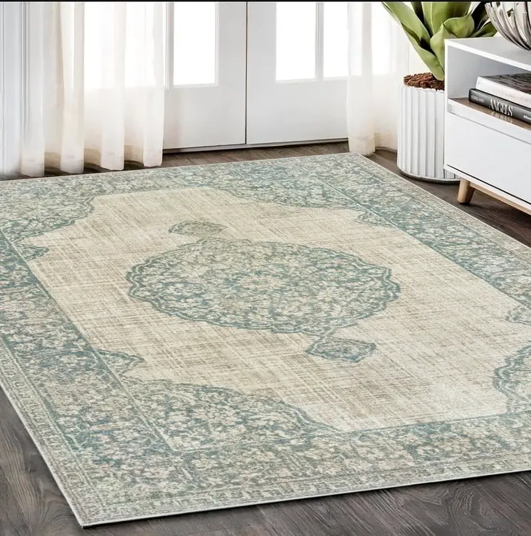 5' X 8' Ivory And Blue Oriental Distressed Area Rug