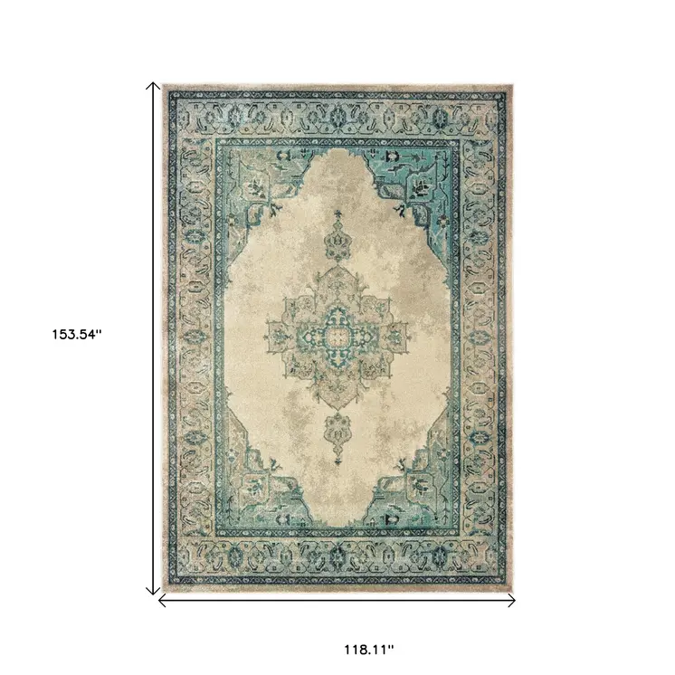 10' X 13' Ivory And Blue Oriental Distressed Area Rug