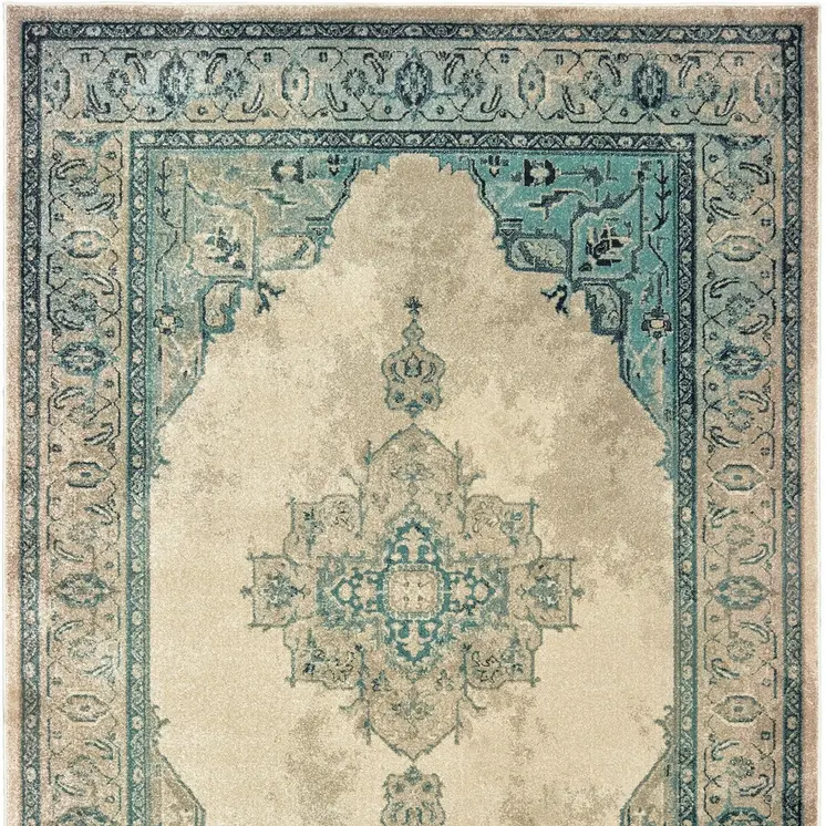 10' X 13' Ivory And Blue Oriental Distressed Area Rug