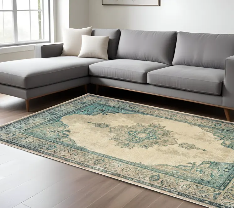 10' X 13' Ivory And Blue Oriental Distressed Area Rug