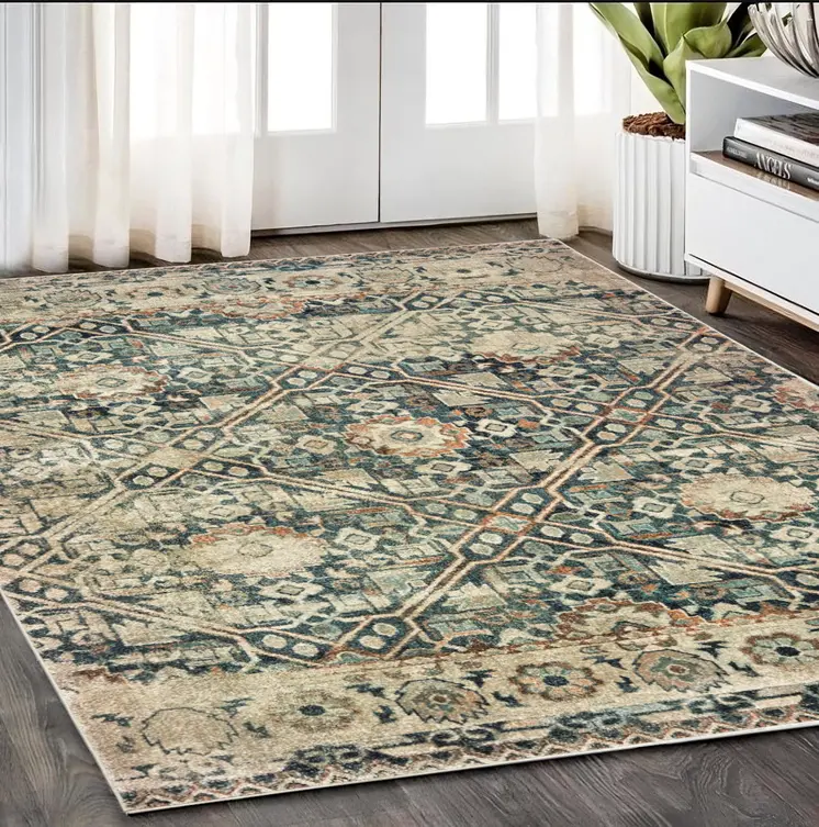 5' X 8' Blue And Ivory Geometric Distressed Area Rug