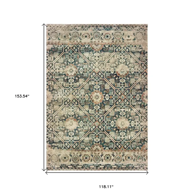 10' X 13' Blue And Ivory Geometric Distressed Area Rug