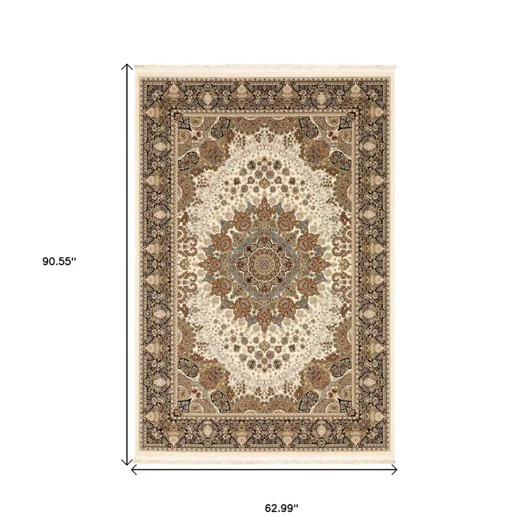 5' X 8' Ivory Black And Tan Medallion Area Rug With Fringe