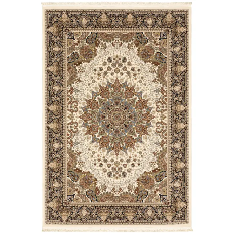 5' X 8' Ivory Black And Tan Medallion Area Rug With Fringe