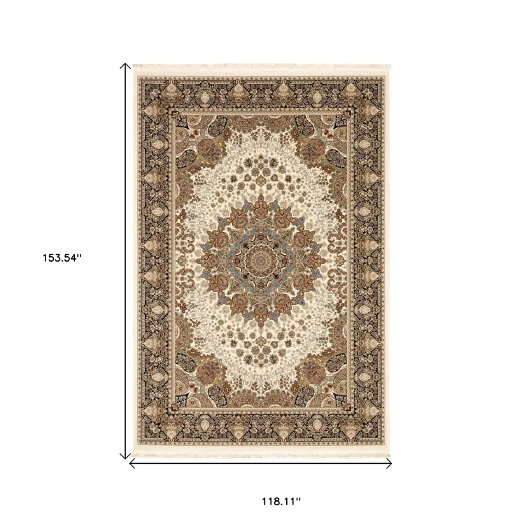 10' X 13' Ivory Black And Tan Medallion Area Rug With Fringe