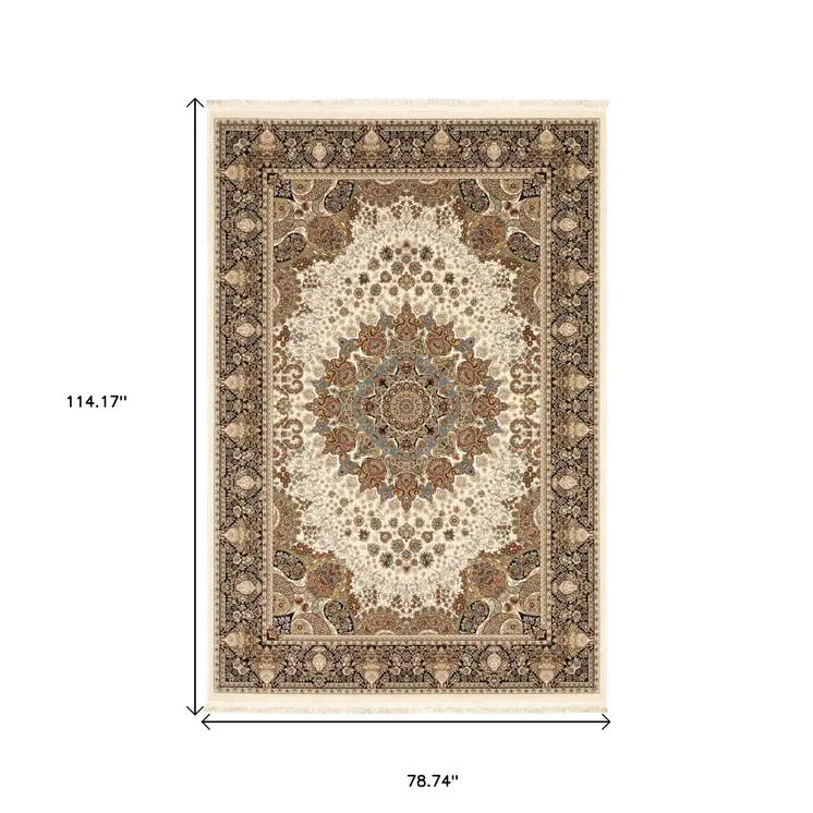 7' X 10' Ivory Black And Tan Medallion Area Rug With Fringe