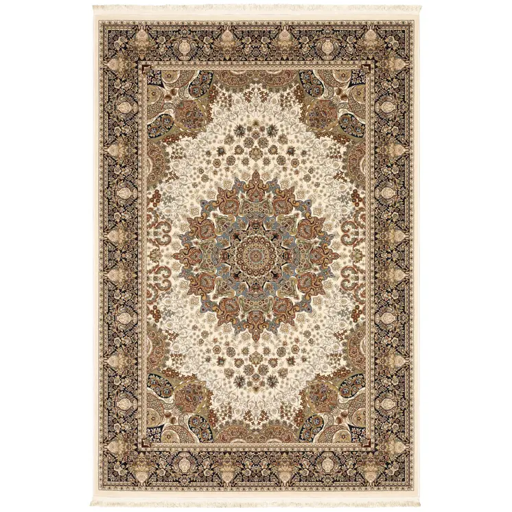 8' X 11' Ivory Black And Tan Medallion Area Rug With Fringe