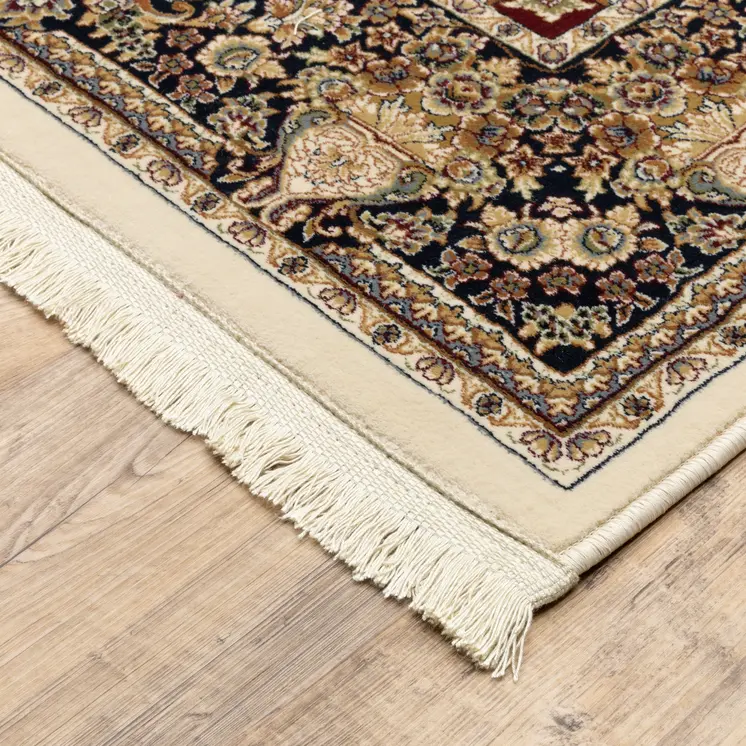 8' X 11' Ivory Black And Tan Medallion Area Rug With Fringe