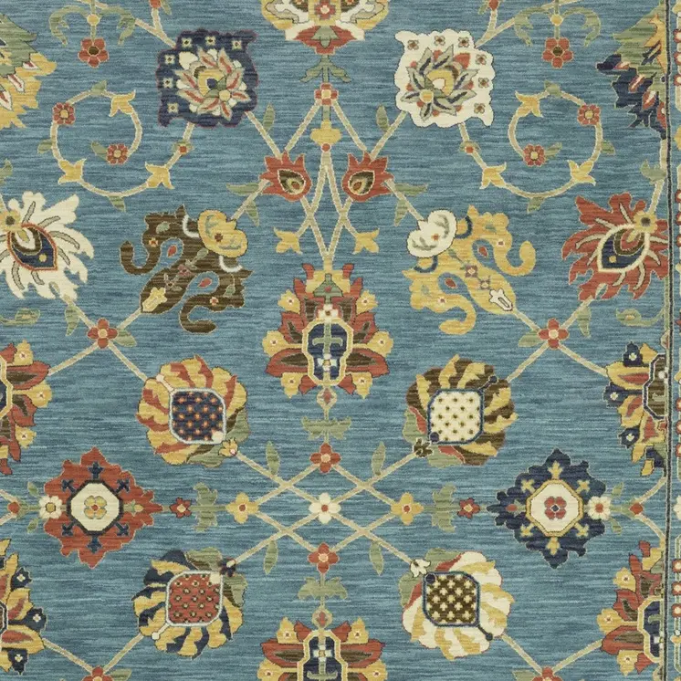 5' X 8' Blue Yellow And Ivory Oriental Area Rug With Fringe