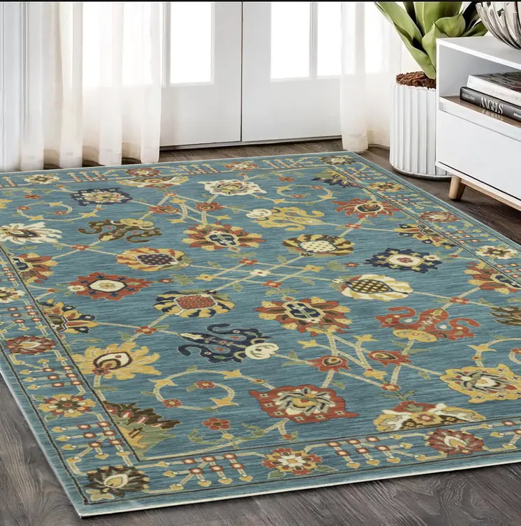 5' X 8' Blue Yellow And Ivory Oriental Area Rug With Fringe