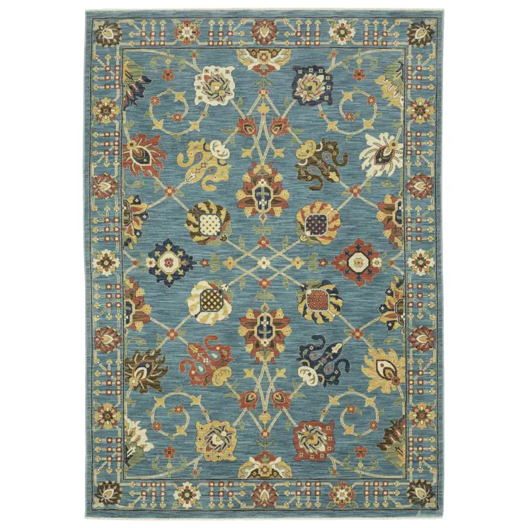 10' X 13' Blue Yellow And Ivory Oriental Area Rug With Fringe