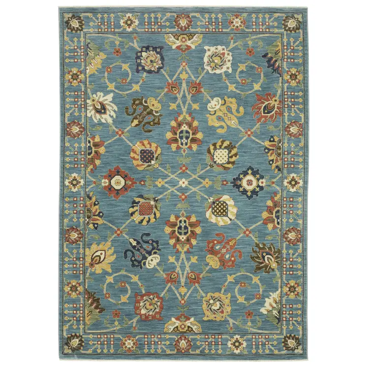 10' X 13' Blue Yellow And Ivory Oriental Area Rug With Fringe