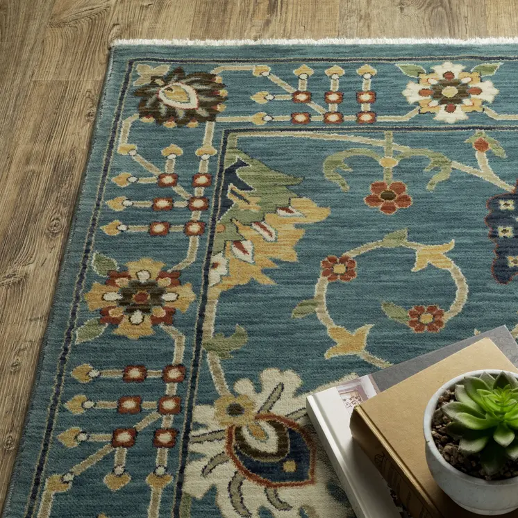10' X 13' Blue Yellow And Ivory Oriental Area Rug With Fringe