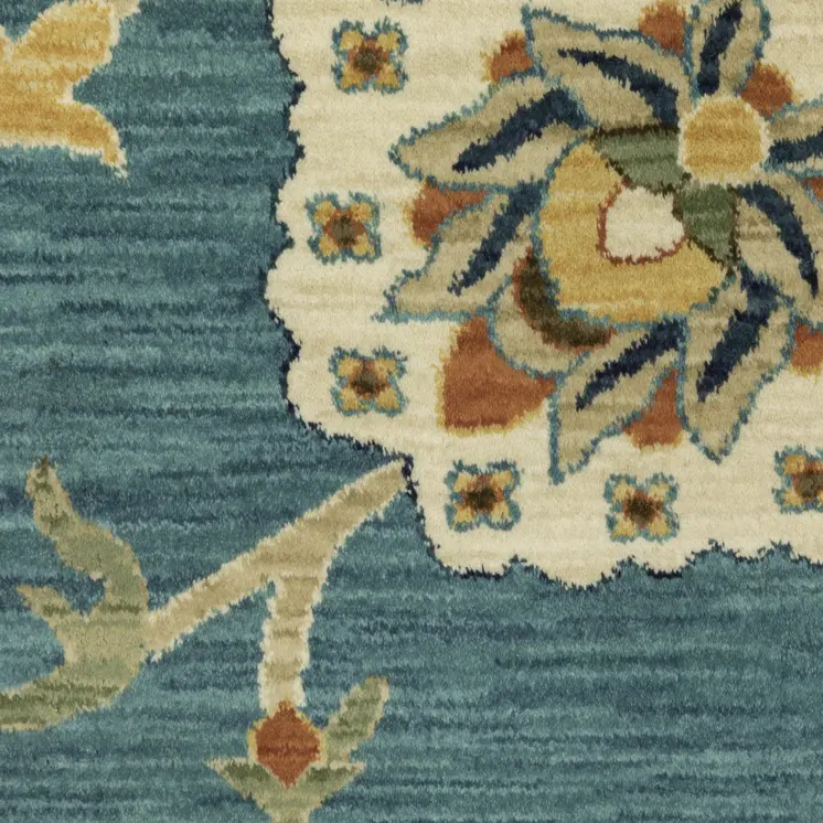 10' X 13' Blue Yellow And Ivory Oriental Area Rug With Fringe