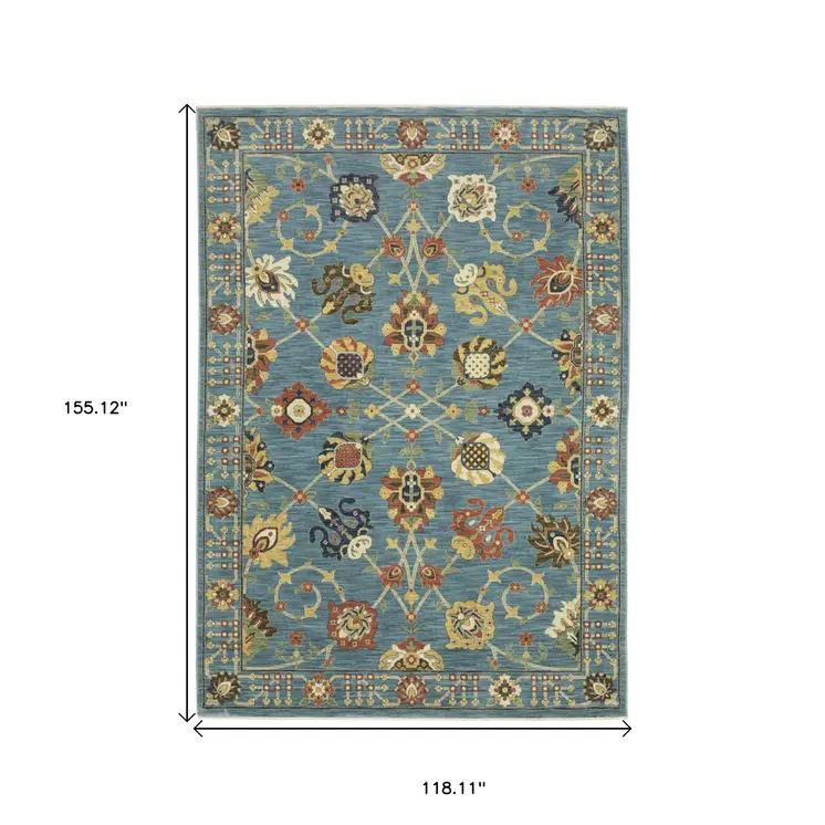 10' X 13' Blue Yellow And Ivory Oriental Area Rug With Fringe