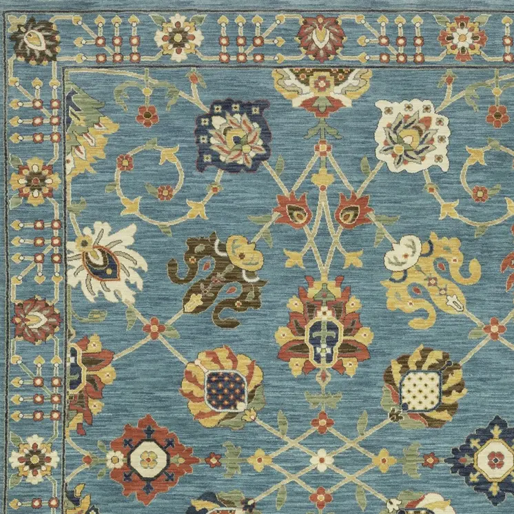 7' X 10' Blue Yellow And Ivory Oriental Area Rug With Fringe