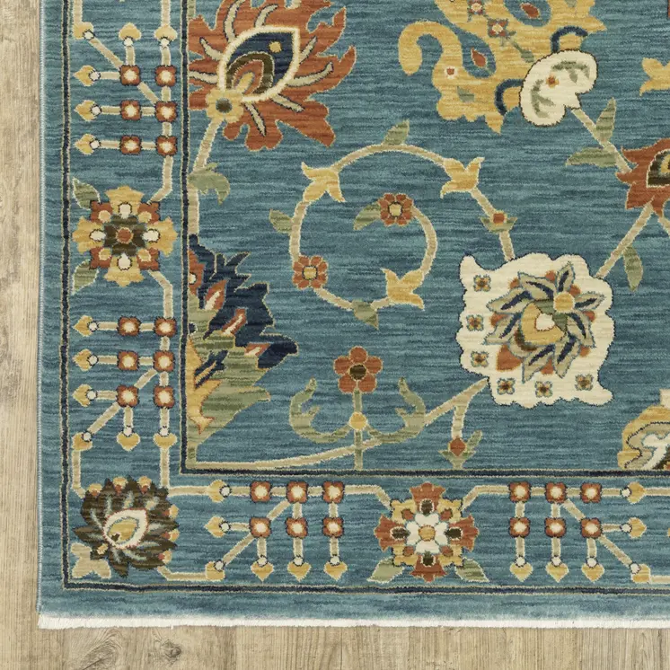7' X 10' Blue Yellow And Ivory Oriental Area Rug With Fringe