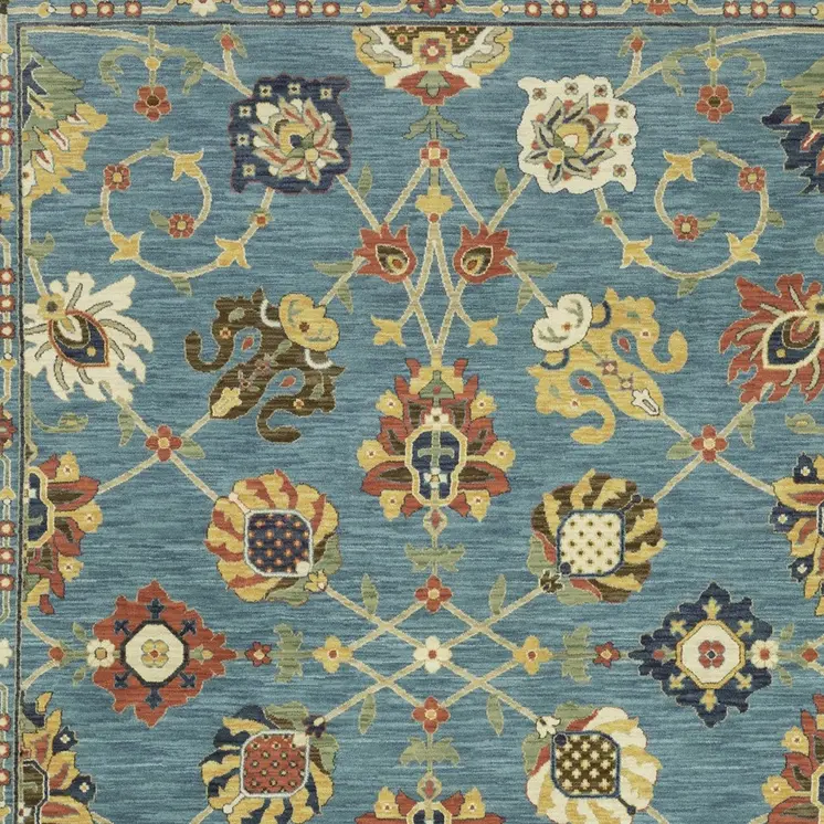 8' X 11' Blue Yellow And Ivory Oriental Area Rug With Fringe