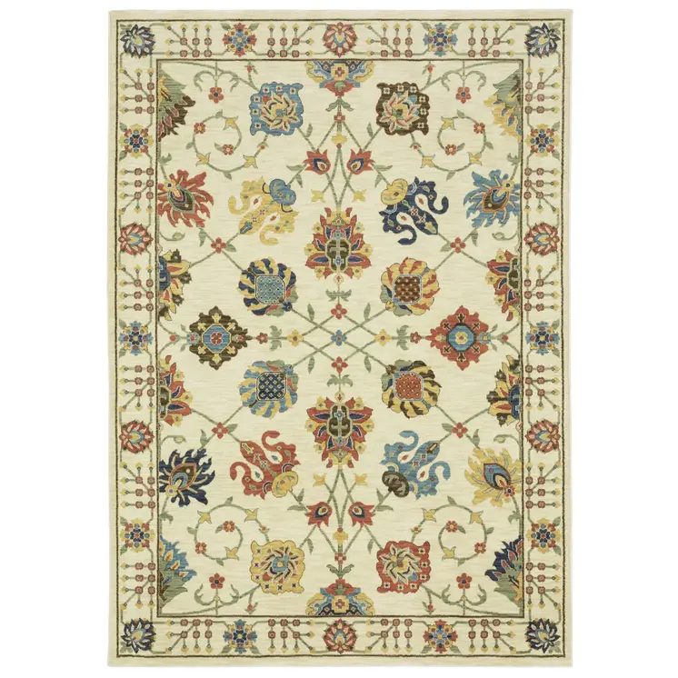 10' X 13' Ivory Yellow And Orange Oriental Area Rug With Fringe