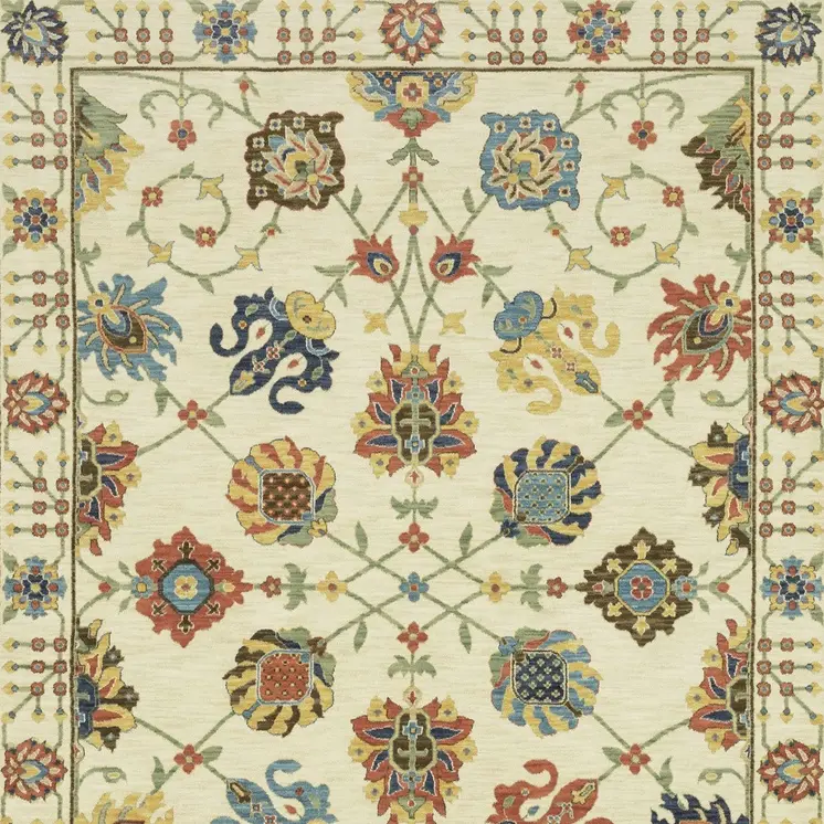 5' X 8' Ivory Yellow And Orange Oriental Area Rug With Fringe