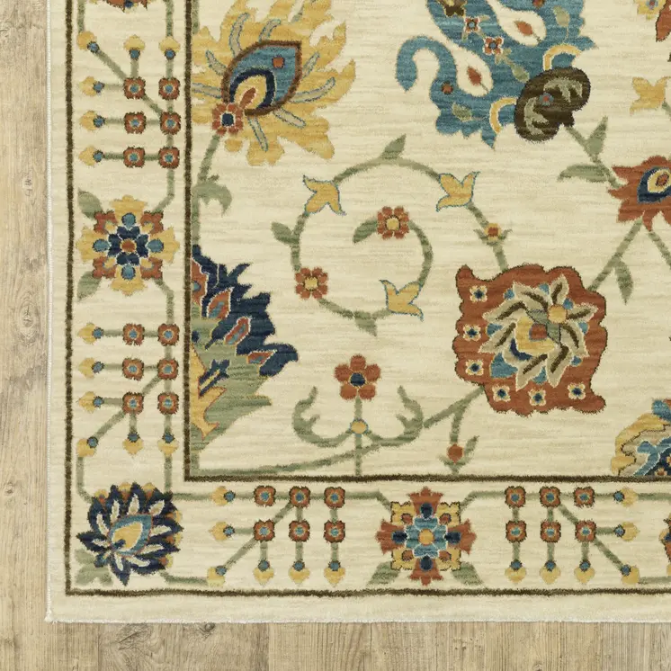 5' X 8' Ivory Yellow And Orange Oriental Area Rug With Fringe