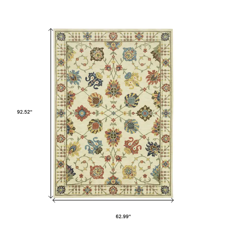 5' X 8' Ivory Yellow And Orange Oriental Area Rug With Fringe