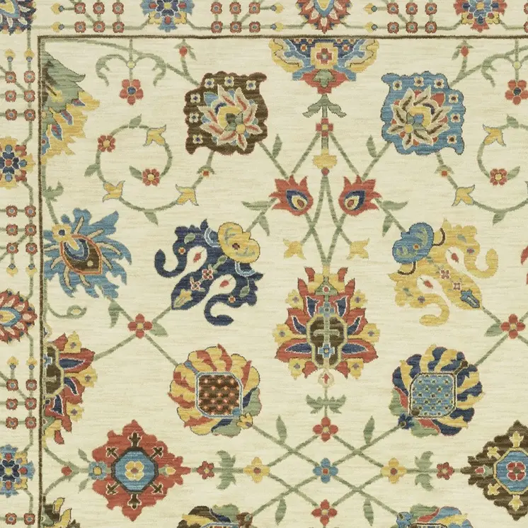 7' X 10' Ivory Yellow And Orange Oriental Area Rug With Fringe