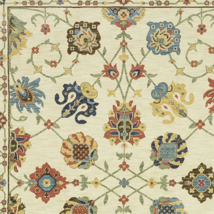 8' X 11' Ivory Yellow And Orange Oriental Area Rug With Fringe