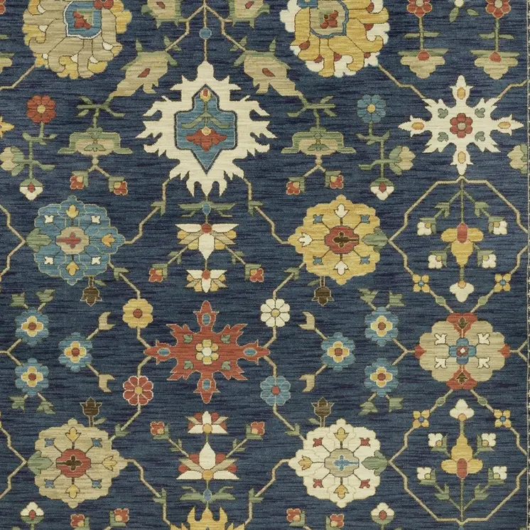5' X 8' Blue And Gold Oriental Area Rug With Fringe